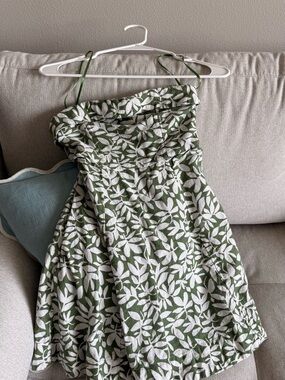 Abercrombie & Fitch Olive Green and White Strapless Leaf-Print Dress